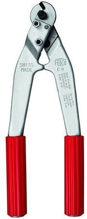 FELCO C9 two-handed cable and wire rope cutter with silver aluminium handles and red rubber grip ends, marked FELCO C9 Swiss Made, Steel Wire Rope, on the handle.