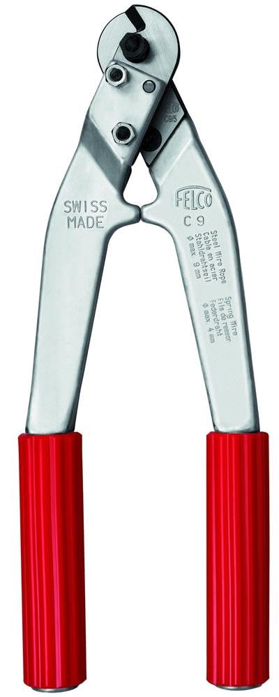 FELCO C9 two-handed cable and wire rope cutter with silver aluminium handles and red rubber grip ends, marked FELCO C9 Swiss Made, Steel Wire Rope, on the handle.