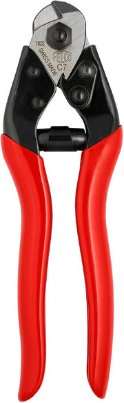 FELCO C7 one-handed cable and wire rope cutter with red rubber handle grips and a black cutting head, marked FELCO C7 Swiss Made on the jaw.