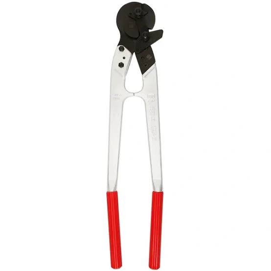Two-handed FELCO cable and wire rope cutter with a black rounded cutting head and silver aluminium handles with red rubber grip ends. Model number engraved on the handle is not legible in this image.